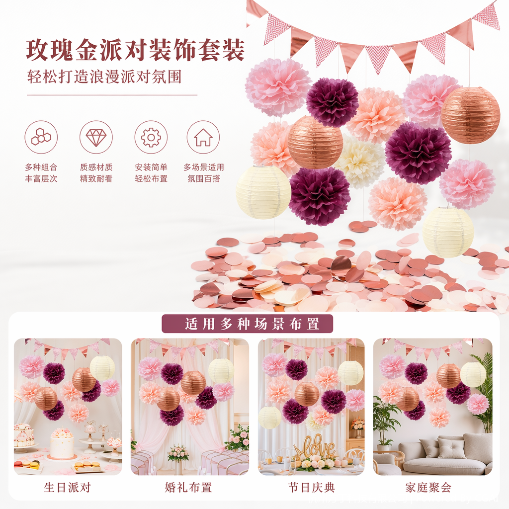 亚马逊16pcs玫瑰金圆形灯笼蜂窝球套装生日派对场景装饰