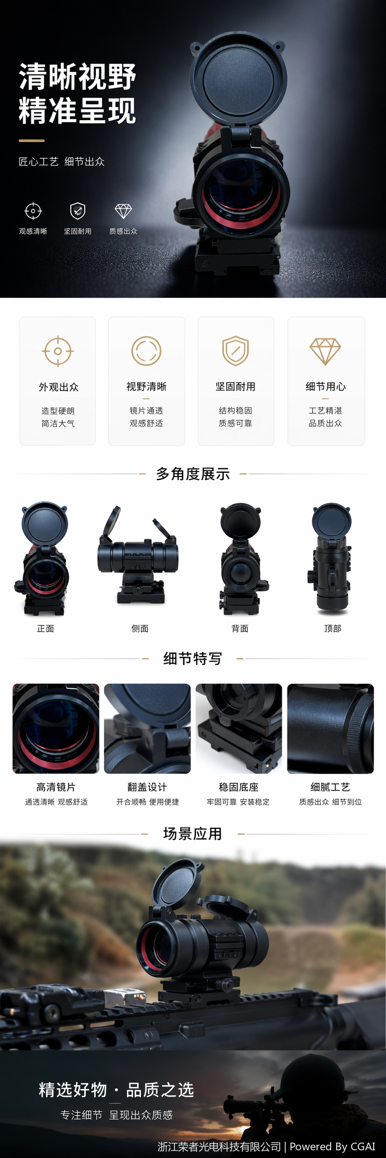 自由虎黑色红点瞄准镜 防水防雾 适配战术导轨 全金属材质 全息红点户外射击配件 8212详情5