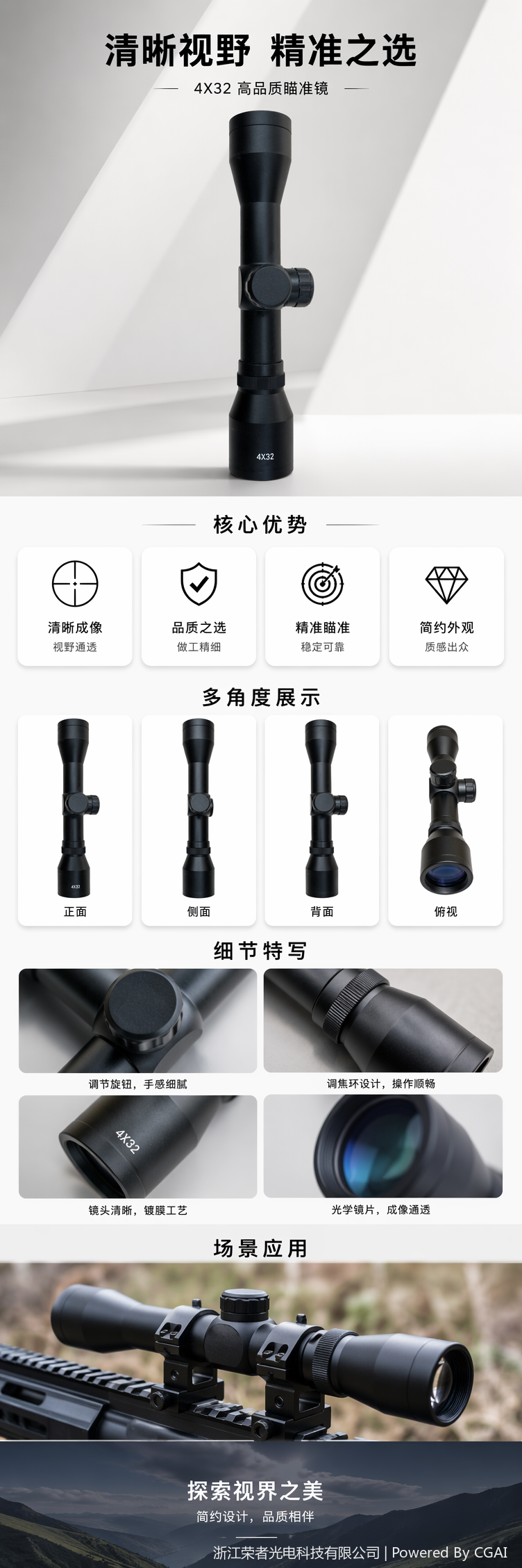 自由虎黑色红点瞄准镜 防水防雾 适配战术导轨 全金属材质 全息红点户外射击配件 4X32详情5