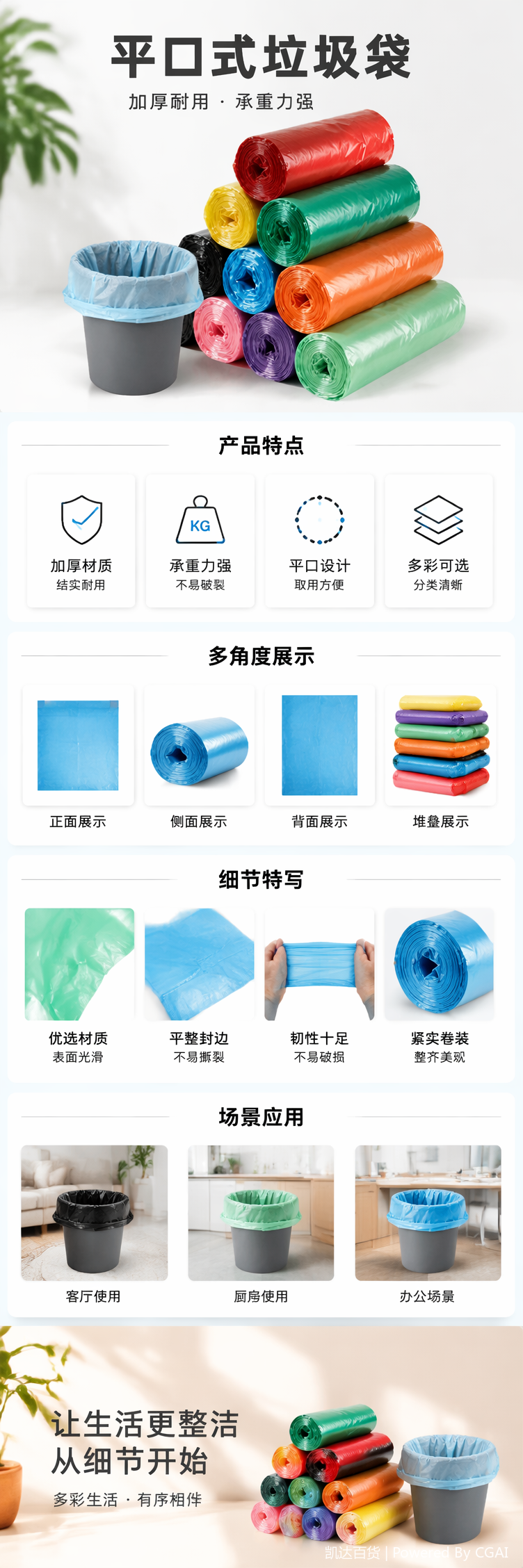 彩色平口式加厚双耳垃圾袋卷适配灰色垃圾桶饭店家用详情5
