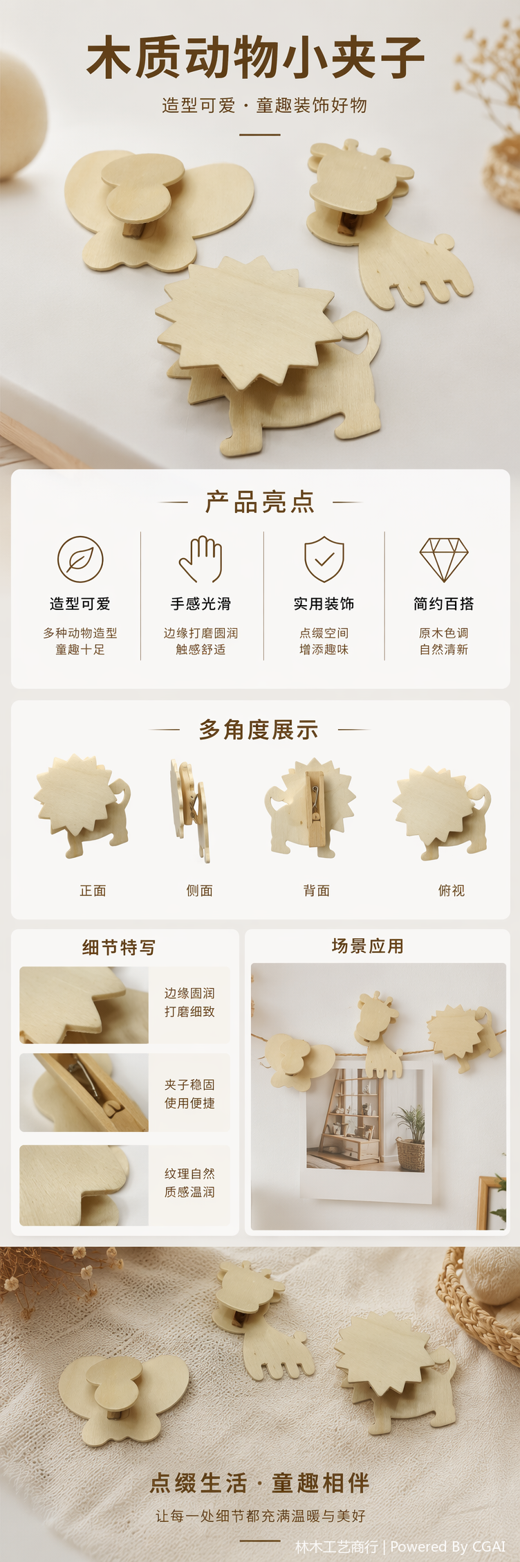 金丝楠木浅色木质动物造型手工配件木珠子沉香手饰木制饰品木夹详情5