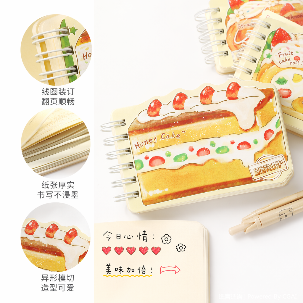 Cream-colored cake-themed baking diary Long Coil book set