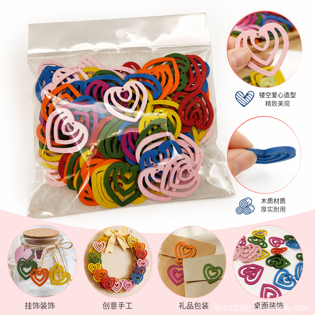 金丝楠木沉香木质工艺品 彩色心形木片木珠子木夹木制饰品