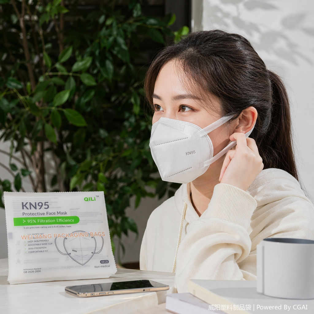 White KN95 protective mask, patterned plastic food bag, aluminum foil vacuum dog food packaging bag with discharge port details Picture