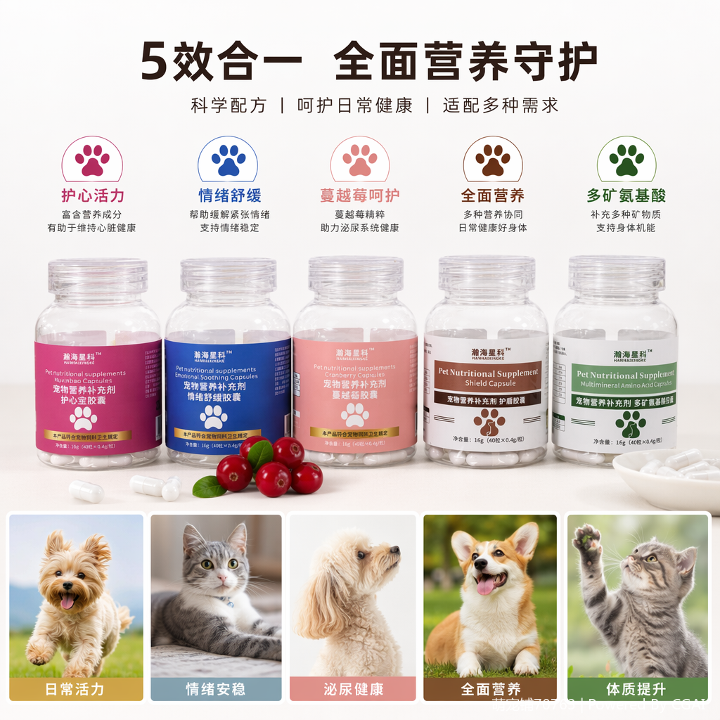 Dog pet vitamin and mineral nutritional supplement granules, allergy and immunity powder capsules, dog calcium supplement, vitamin A, B, D nutritional supplement, probiotics details Picture