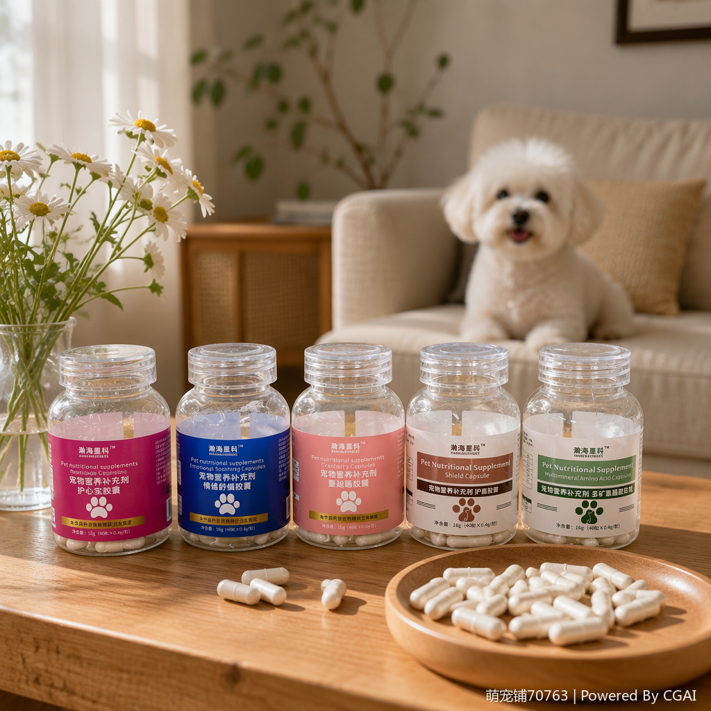 Dog pet vitamin and mineral nutritional supplement granules, allergy and immunity powder capsules, dog calcium supplement, vitamin A, B, D nutritional supplement, probiotics Specification image
