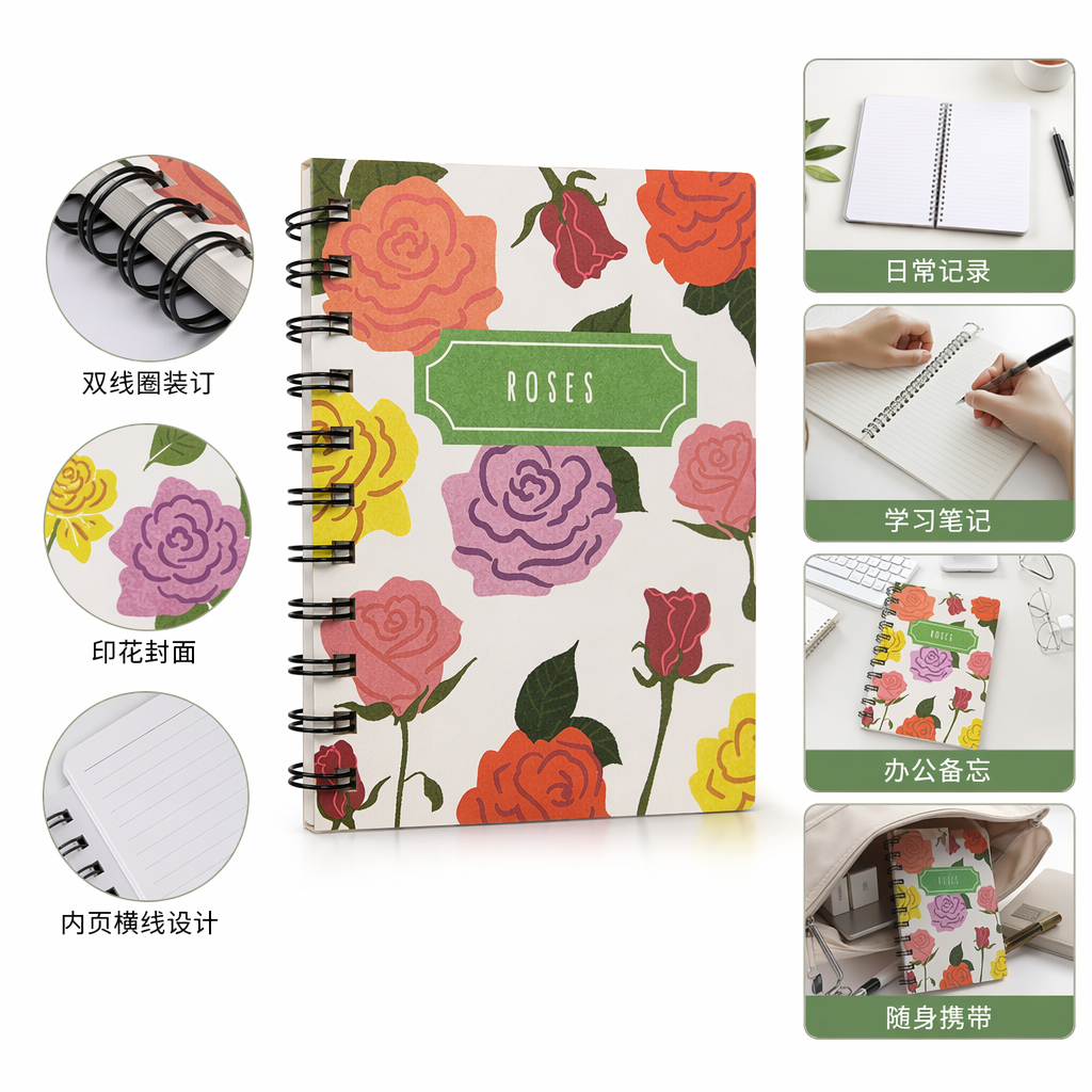 A6 rose-printed coil student notebook, high appearance level, ins style portable notepad
