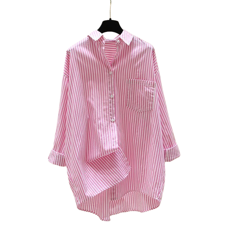 Pink and white vertical striped women's long-sleeved shirt, Xiangyunsha formal dress, sun protection, summer short style 102412461 Item Picture