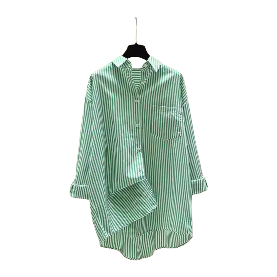Spring and Autumn's new Korean-style artistic shirt with a short front and long back, mid-length vertical striped shirt and women's casual jacket Item Picture