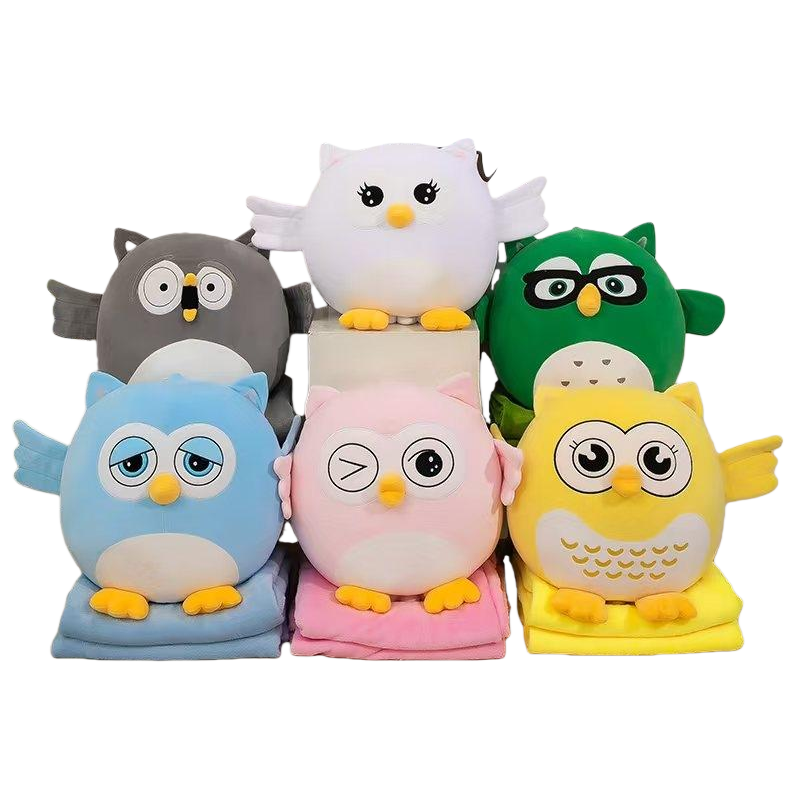 Owl plush air conditioner blanket, comfortable nap blanket, anime cartoon children's blanket, small doll doll, two-in-one throw pillow, colorful owl plush doll doll, Qixi Festival gift, plush toy Item Picture