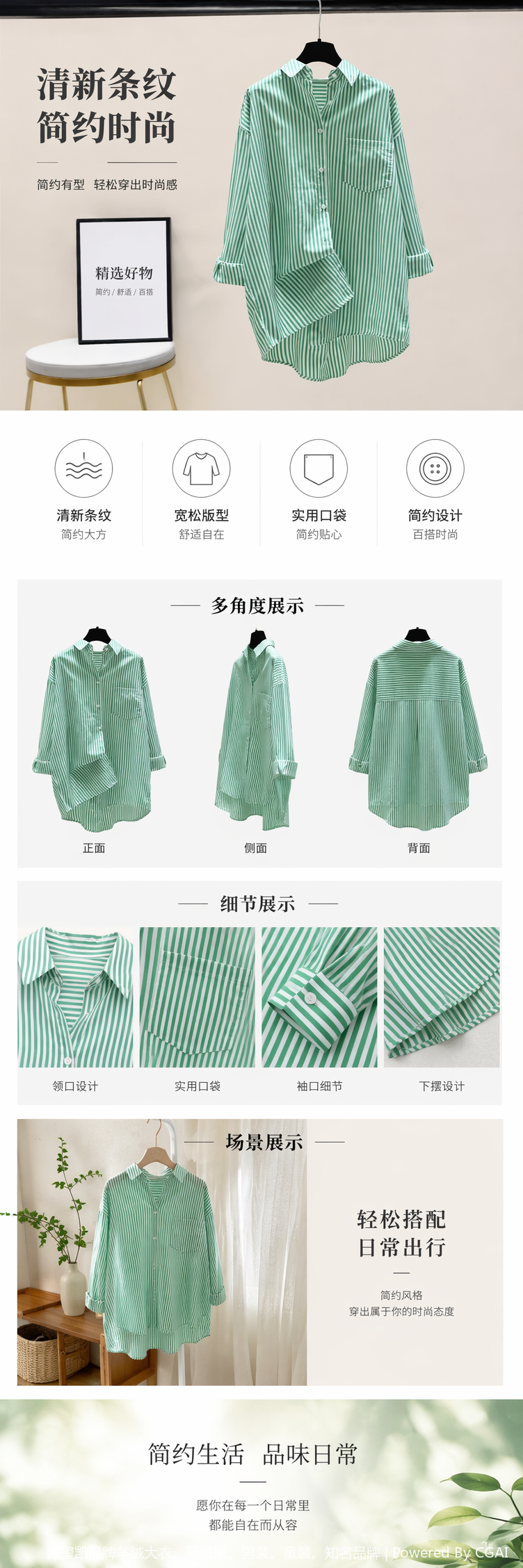 春秋新款韩范文艺前短后长衬衣中长款竖条纹衬衫女休闲外套详情5