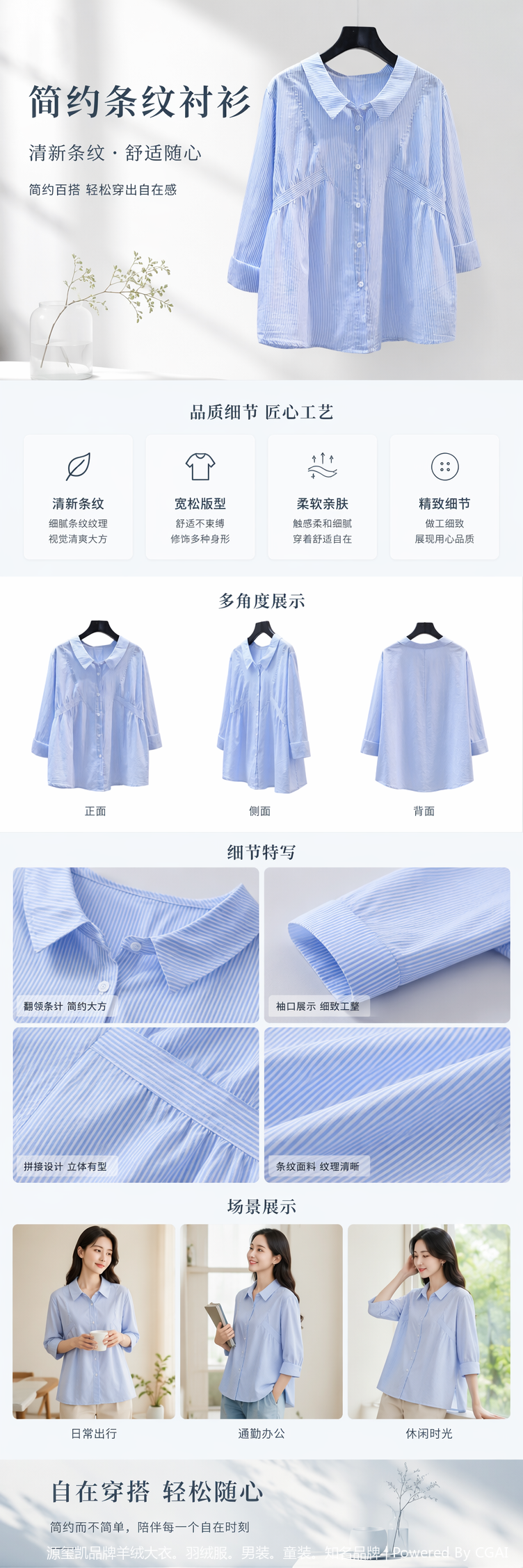 棉衬衣春秋小清新浅蓝色竖条纹衬衫女设计感收腰长袖宽松上衣详情5