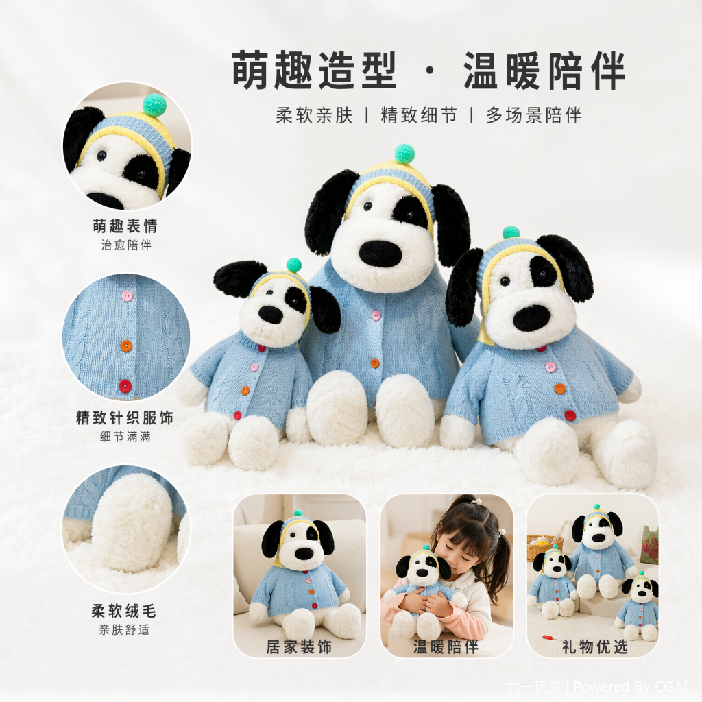 Sweater, pirate dog, plush toy, cute doll, anime cartoon peripheral, wholesale for foreign trade, claw machine, wedding toy, three, black and white dog plush toy wearing blue sweater and hat, Qixi Festival gift Specification image