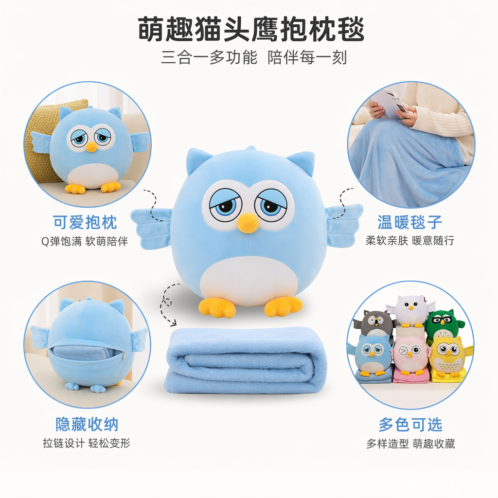 Owl plush air conditioner blanket, comfortable nap blanket, anime cartoon children's blanket, small doll doll, two-in-one throw pillow, colorful owl plush doll doll, Qixi Festival gift, plush toy Application Scenario