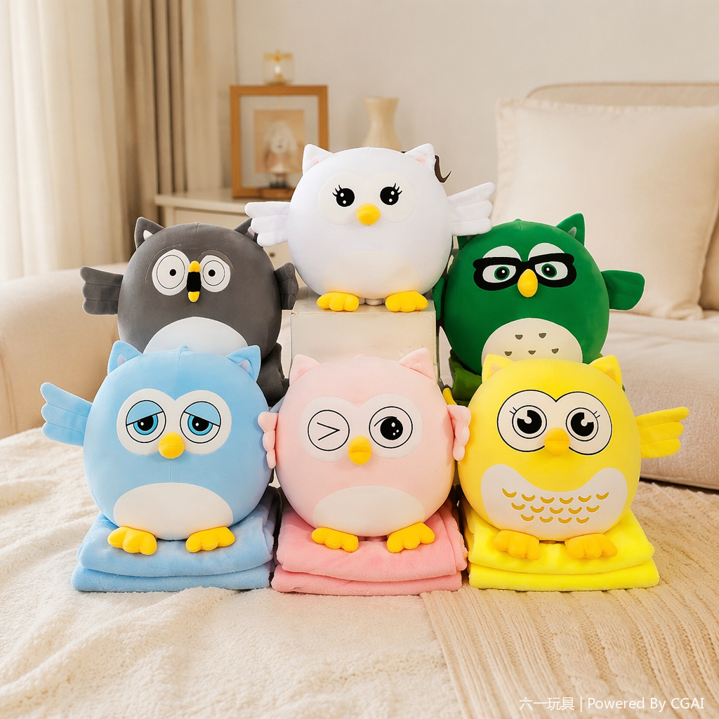 Owl plush air conditioner blanket, comfortable nap blanket, anime cartoon children's blanket, small doll doll, two-in-one throw pillow, colorful owl plush doll doll, Qixi Festival gift, plush toy details Picture