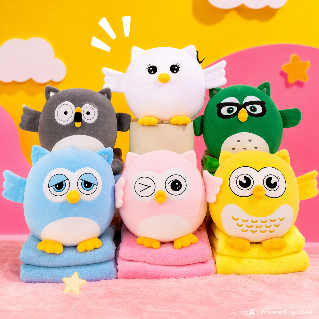 Owl plush air conditioner blanket, comfortable nap blanket, anime cartoon children's blanket, small doll doll, two-in-one throw pillow, colorful owl plush doll doll, Qixi Festival gift, plush toy Specification image