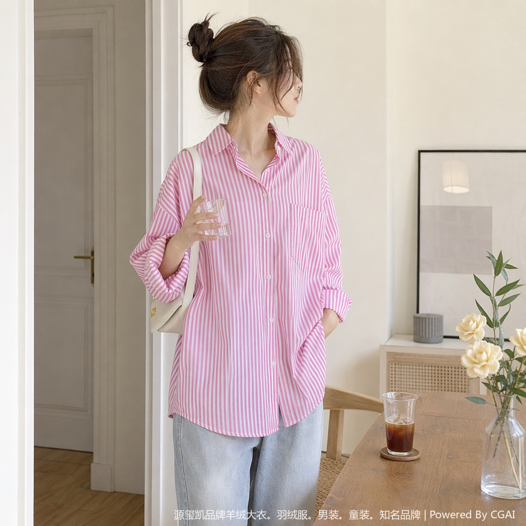 Pink and white vertical striped women's long-sleeved shirt, Xiangyunsha formal dress, sun protection, summer short style 102412461 details Picture