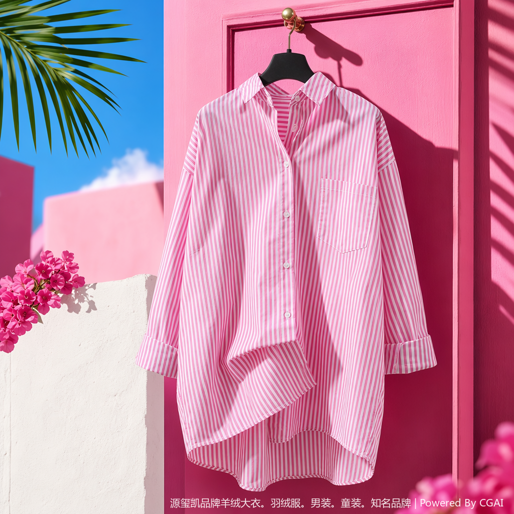 Pink and white vertical striped women's long-sleeved shirt, Xiangyunsha formal dress, sun protection, summer short style 102412461 Specification image