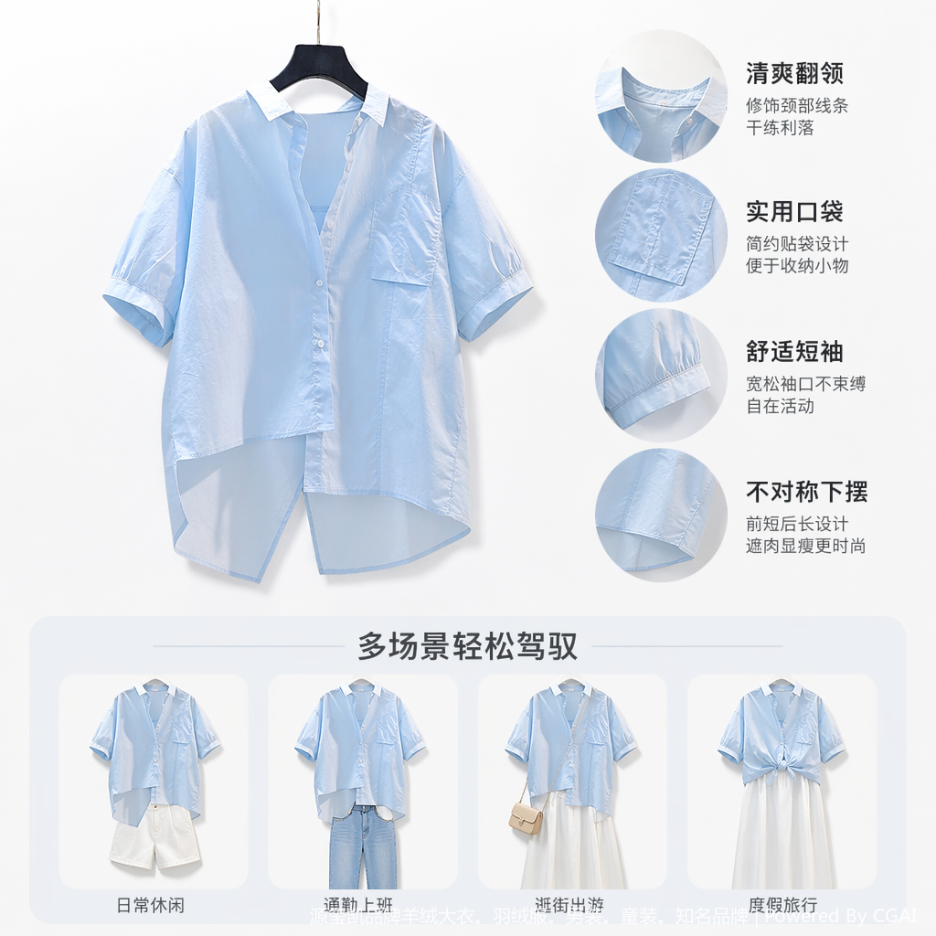 Light blue women's Xiangyunsha short-sleeved shirt, women's summer formal white shirt, sun-protective clothing