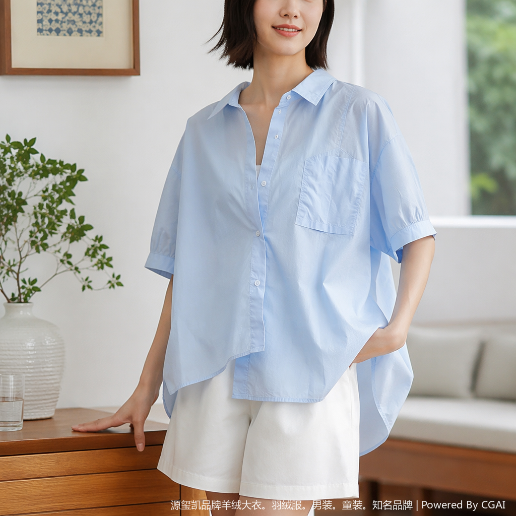 Light blue women's Xiangyunsha short-sleeved shirt, women's summer formal white shirt, sun-protective clothing details Picture