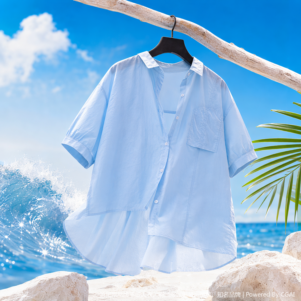 Light blue women's Xiangyunsha short-sleeved shirt, women's summer formal white shirt, sun-protective clothing Specification image