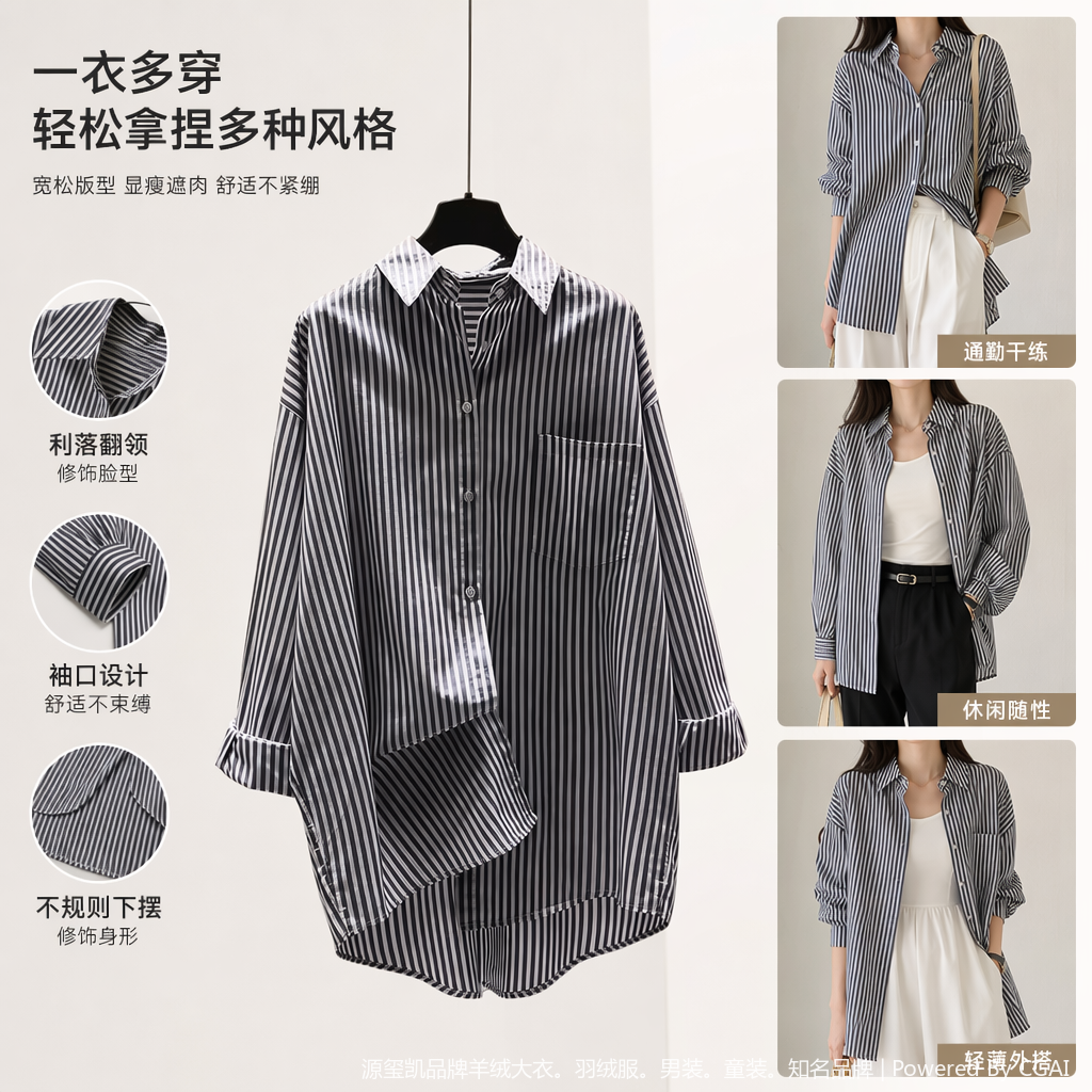 Vertical striped women's long-sleeved shirt, Xiangyunsha formal dress, sun protection, short summer style