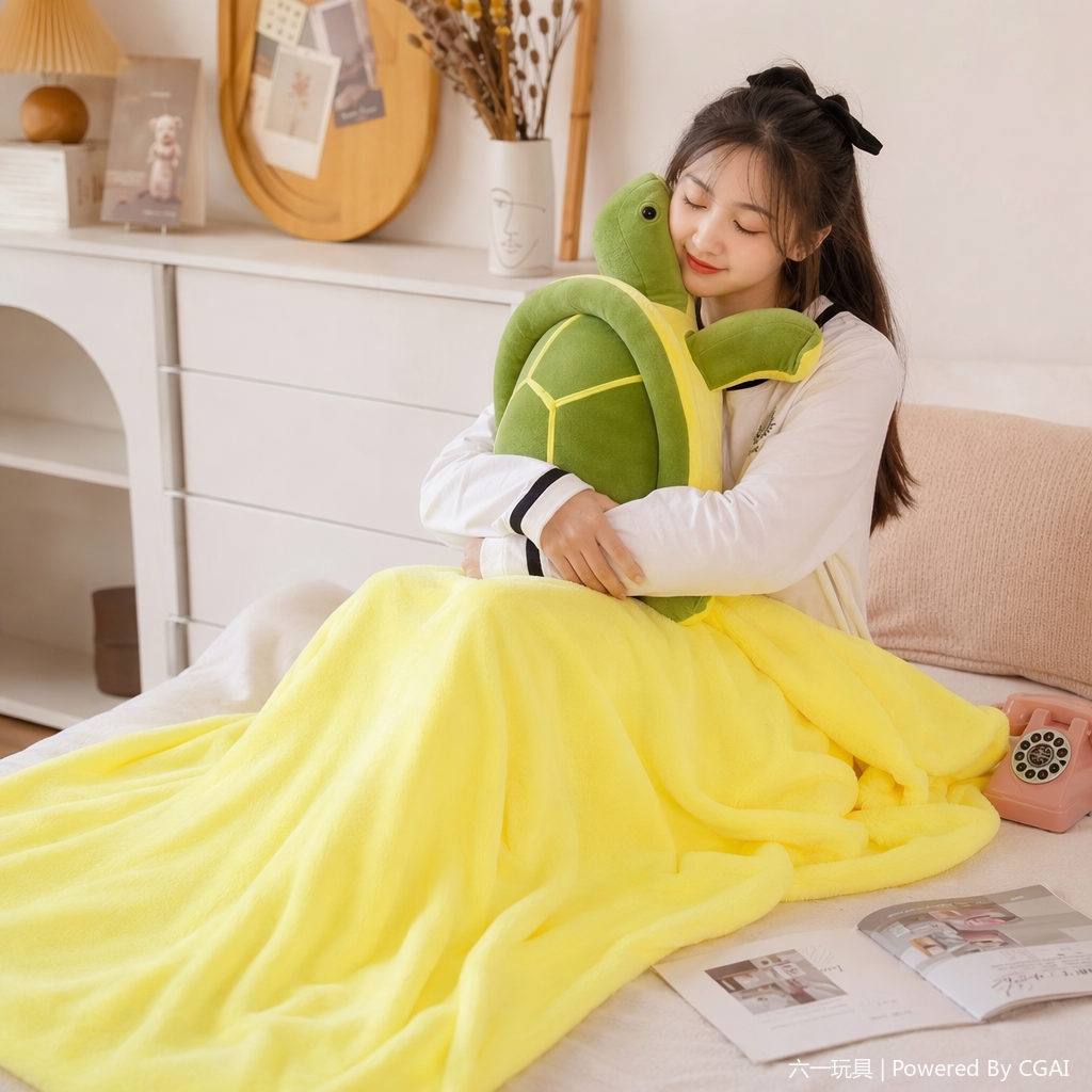Turtle plush air conditioner quilt, comfortable nap quilt, cute cartoon doll, two-in-one small throw pillow, wholesale for export, green turtle doll, other dolls, plush toys, cute ornaments details Picture