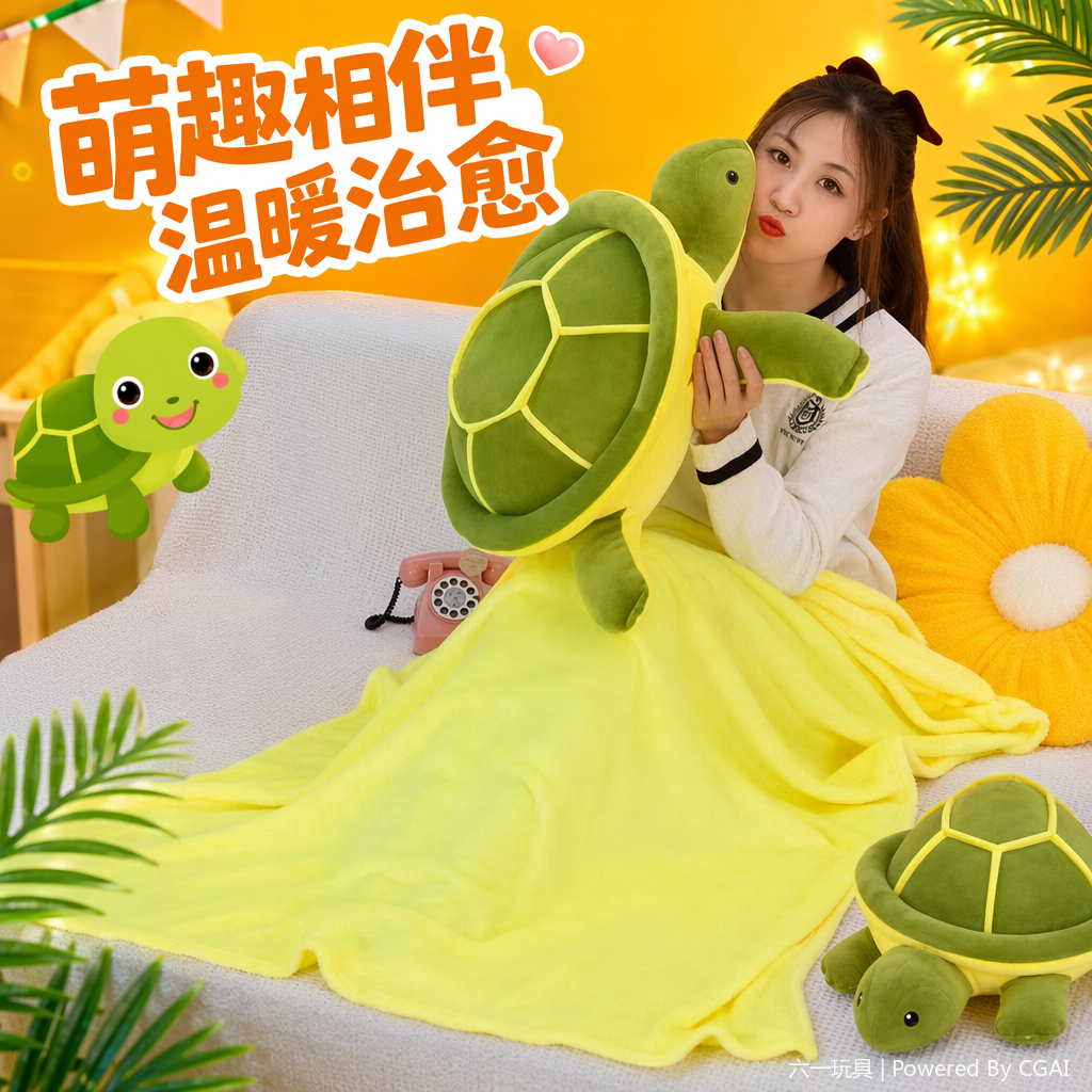 Turtle plush air conditioner quilt, comfortable nap quilt, cute cartoon doll, two-in-one small throw pillow, wholesale for export, green turtle doll, other dolls, plush toys, cute ornaments Specification image
