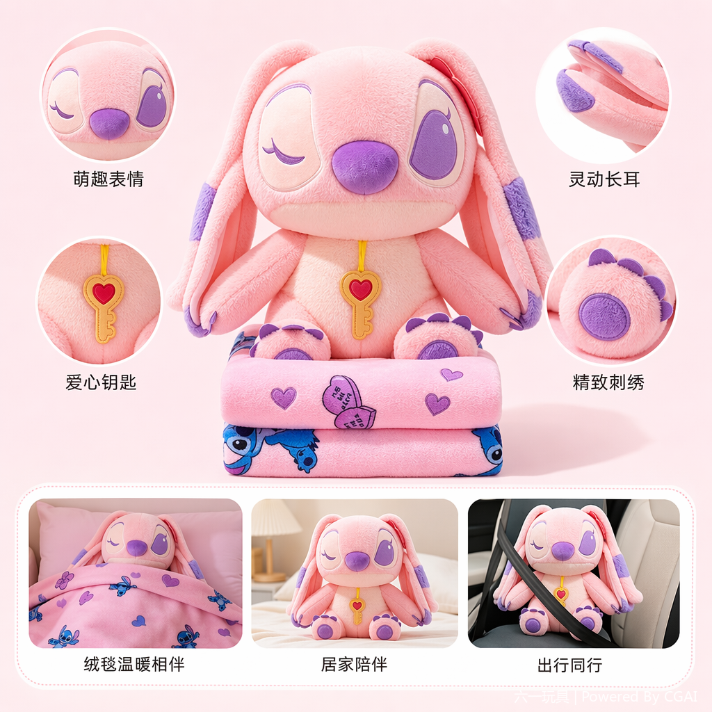 Stitch plush air conditioner, cute cartoon and anime peripheral doll, two-in-one small pillow, children's gift, pink Stitch plush toy, claw machine doll, mini claw machine, wedding doll, pink heart carpet Application Scenario