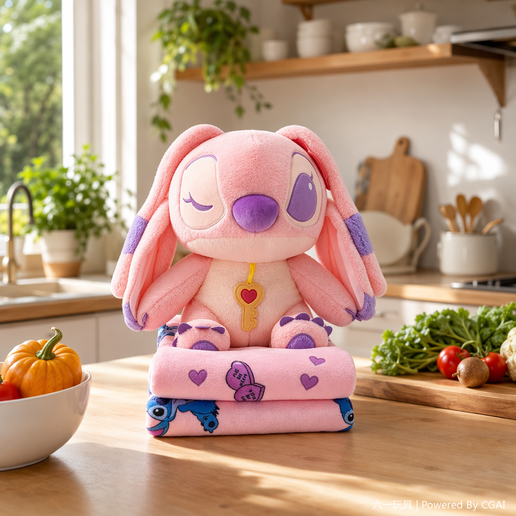 Stitch plush air conditioner, cute cartoon and anime peripheral doll, two-in-one small pillow, children's gift, pink Stitch plush toy, claw machine doll, mini claw machine, wedding doll, pink heart carpet details Picture