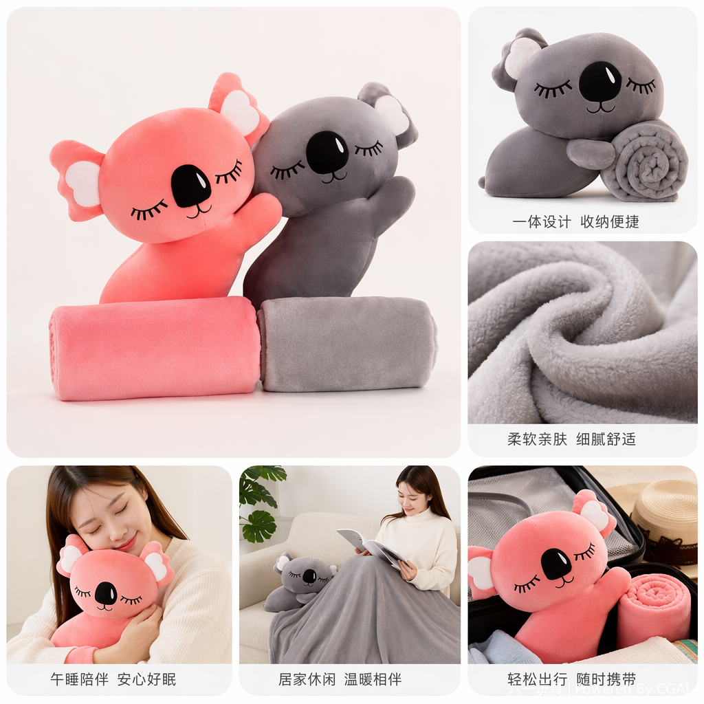 Crouching koala plush air conditioner blanket, comfortable nap blanket, anime cartoon animal doll, small throw pillow, two-in-one pink and gray koala plush doll, Qixi Festival gift, plush toy Application Scenario