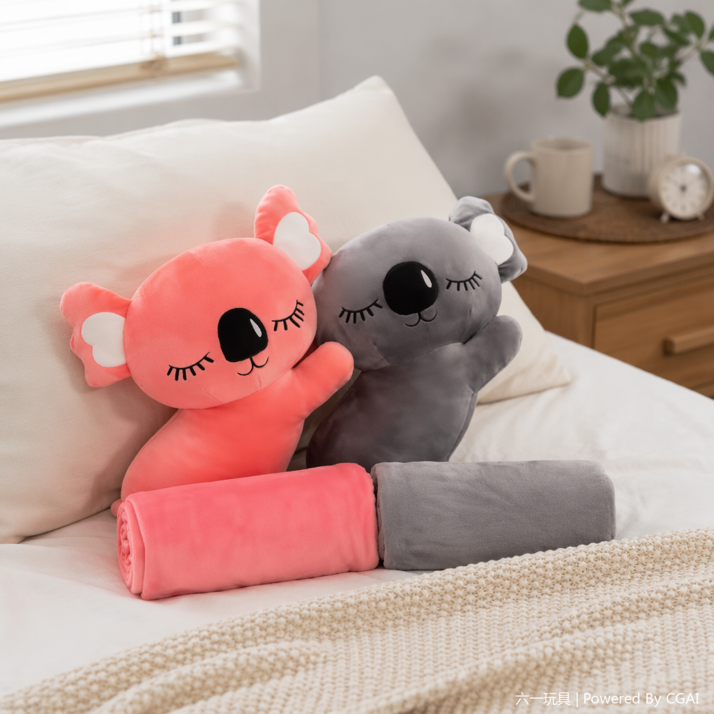 Crouching koala plush air conditioner blanket, comfortable nap blanket, anime cartoon animal doll, small throw pillow, two-in-one pink and gray koala plush doll, Qixi Festival gift, plush toy details Picture