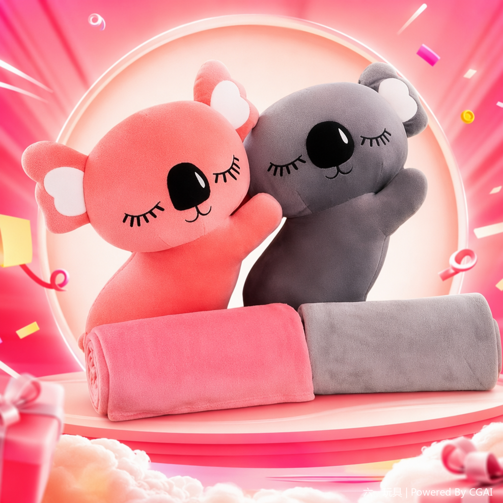 Crouching koala plush air conditioner blanket, comfortable nap blanket, anime cartoon animal doll, small throw pillow, two-in-one pink and gray koala plush doll, Qixi Festival gift, plush toy Specification image