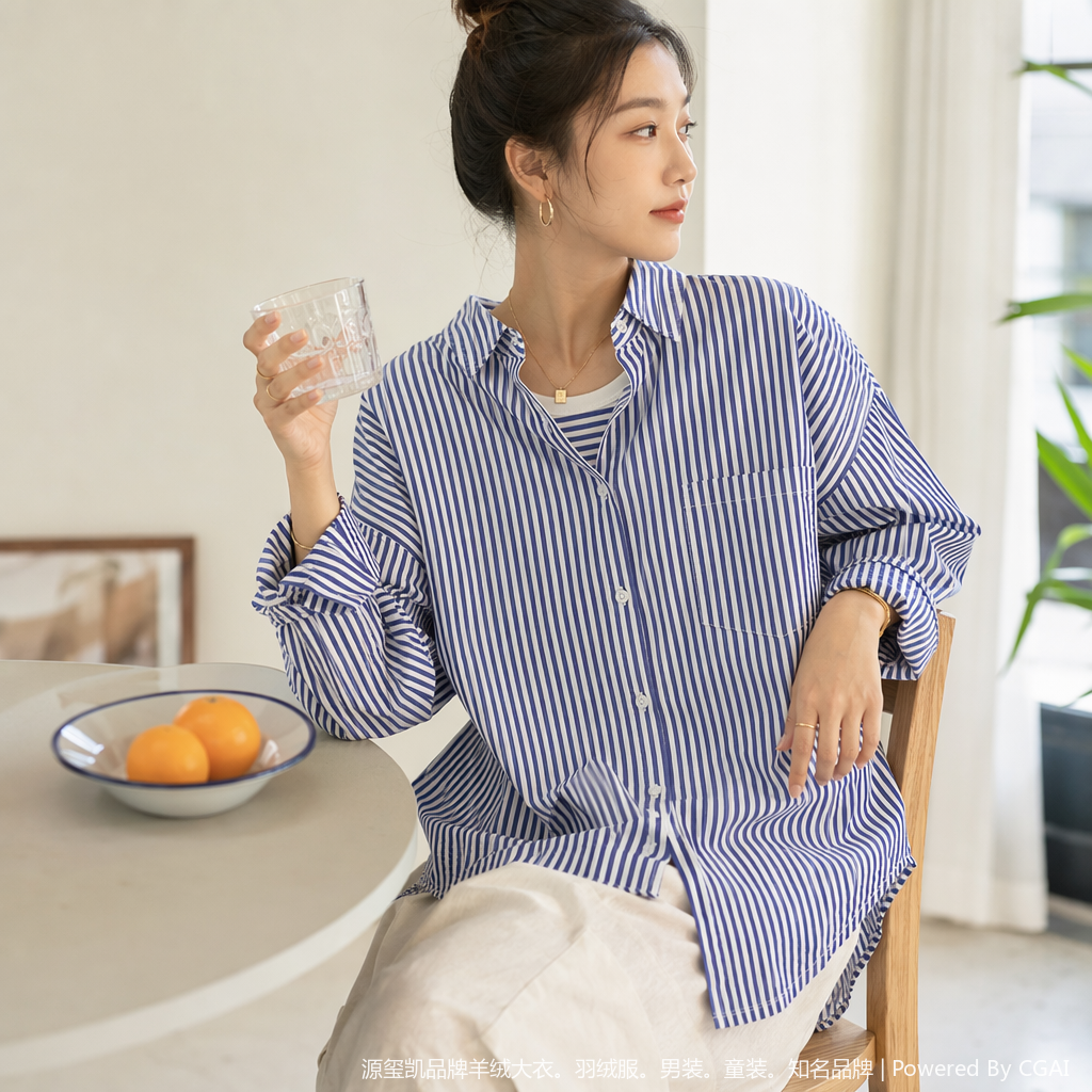 Blue and white vertical striped women's long-sleeved shirt, Xiangyunsha formal dress, sun protection, short summer style details Picture