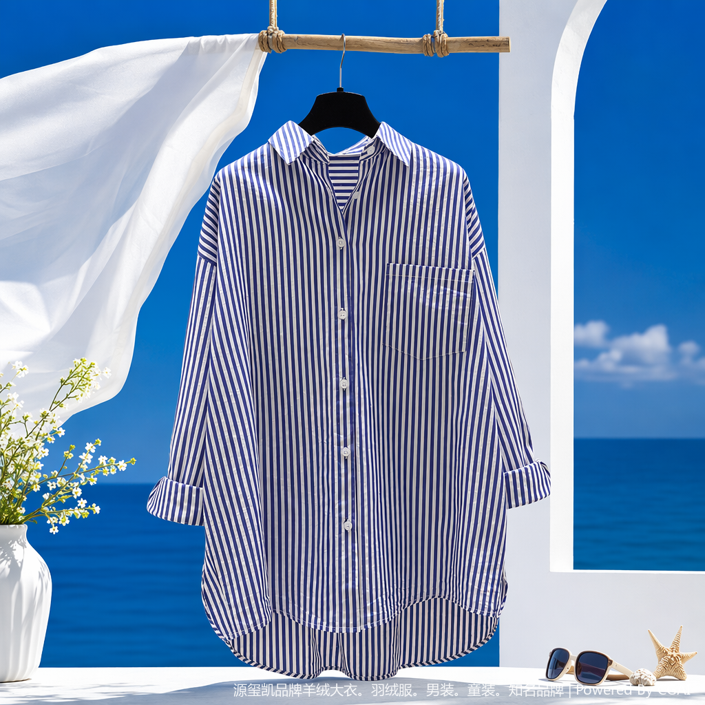 Blue and white vertical striped women's long-sleeved shirt, Xiangyunsha formal dress, sun protection, short summer style Specification image