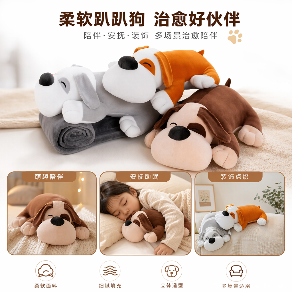 "Prone puppy anime cartoon air conditioner quilt, comfortable nap quilt, wholesale of anime children's two-in-one dolls for export. Specification image