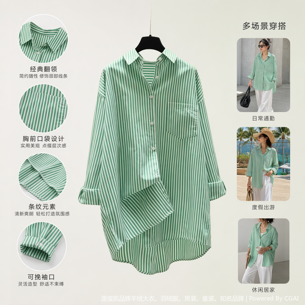 Spring and Autumn's new Korean-style artistic shirt with a short front and long back, mid-length vertical striped shirt and women's casual jacket