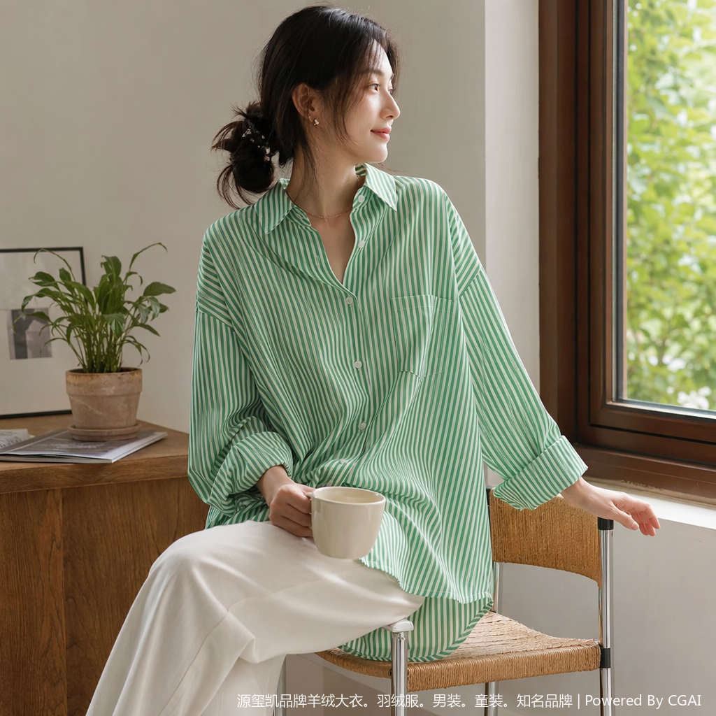 Spring and Autumn's new Korean-style artistic shirt with a short front and long back, mid-length vertical striped shirt and women's casual jacket details Picture