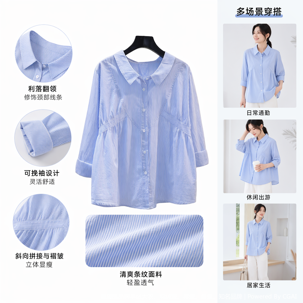 Cotton shirt, light blue vertical striped shirt for spring and autumn, women's design sense, cinched waist, long-sleeved loose top