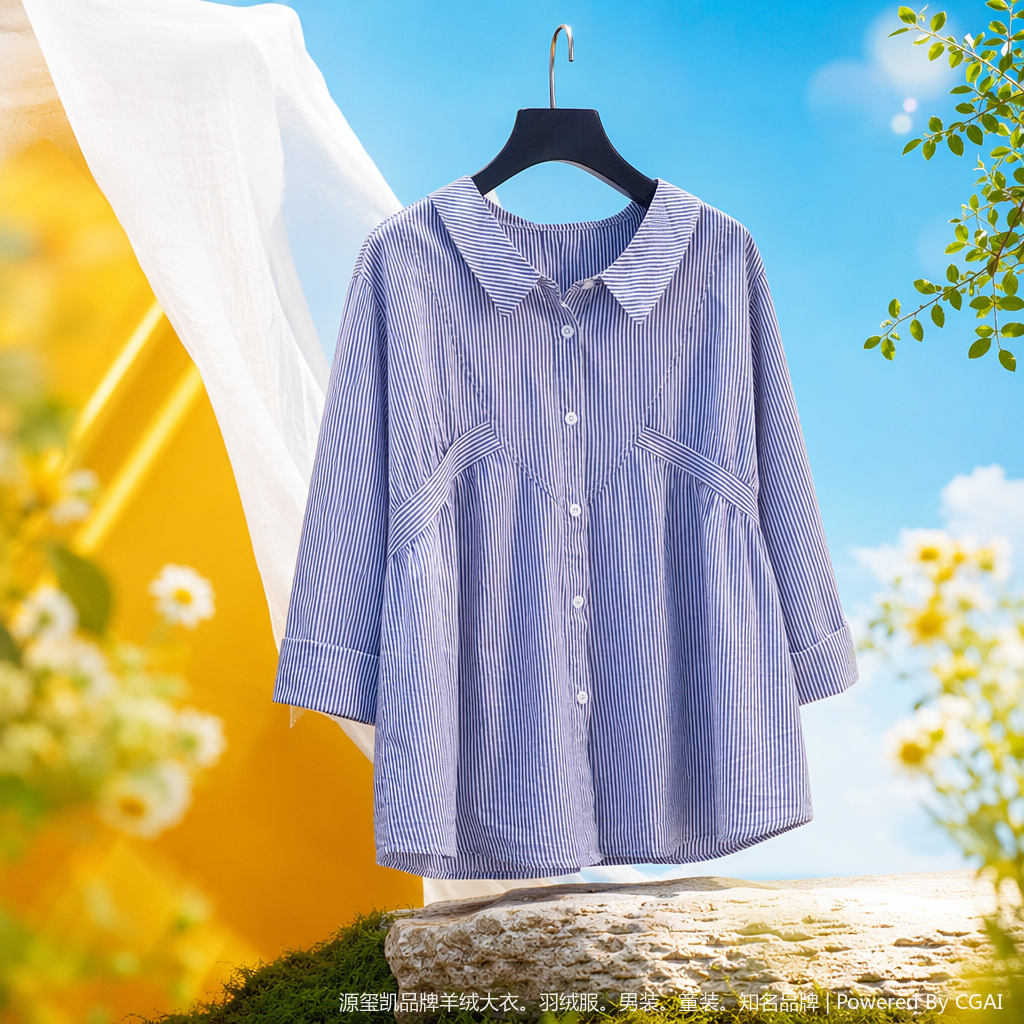 Cotton shirt, spring and autumn light blue vertical striped shirt, women's design sense, cinched waist, long-sleeved loose top, 103707257 Specification image