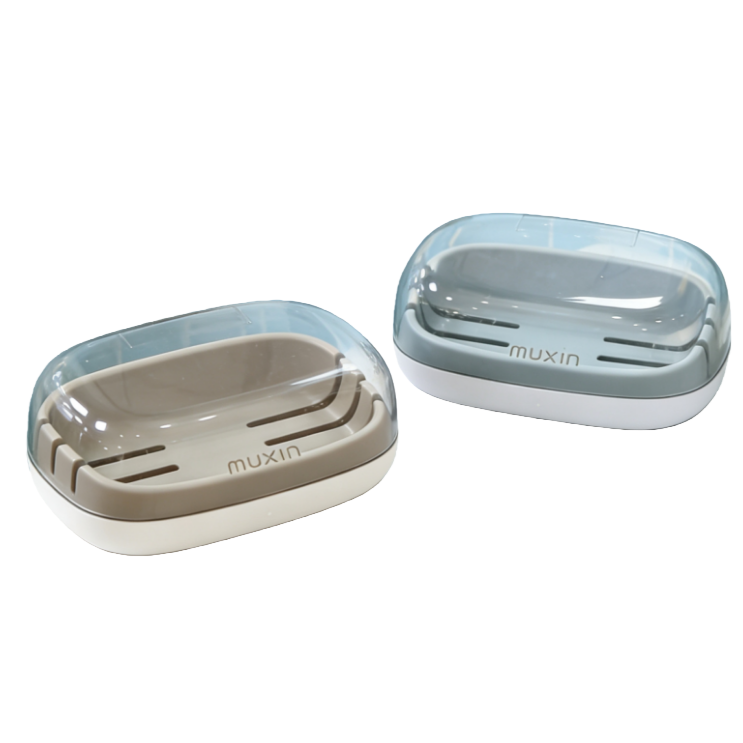 【CL】26Q2#590 Grey transparent lid Ceramic soap box storage set with bubble net soap rack grid design Item Picture
