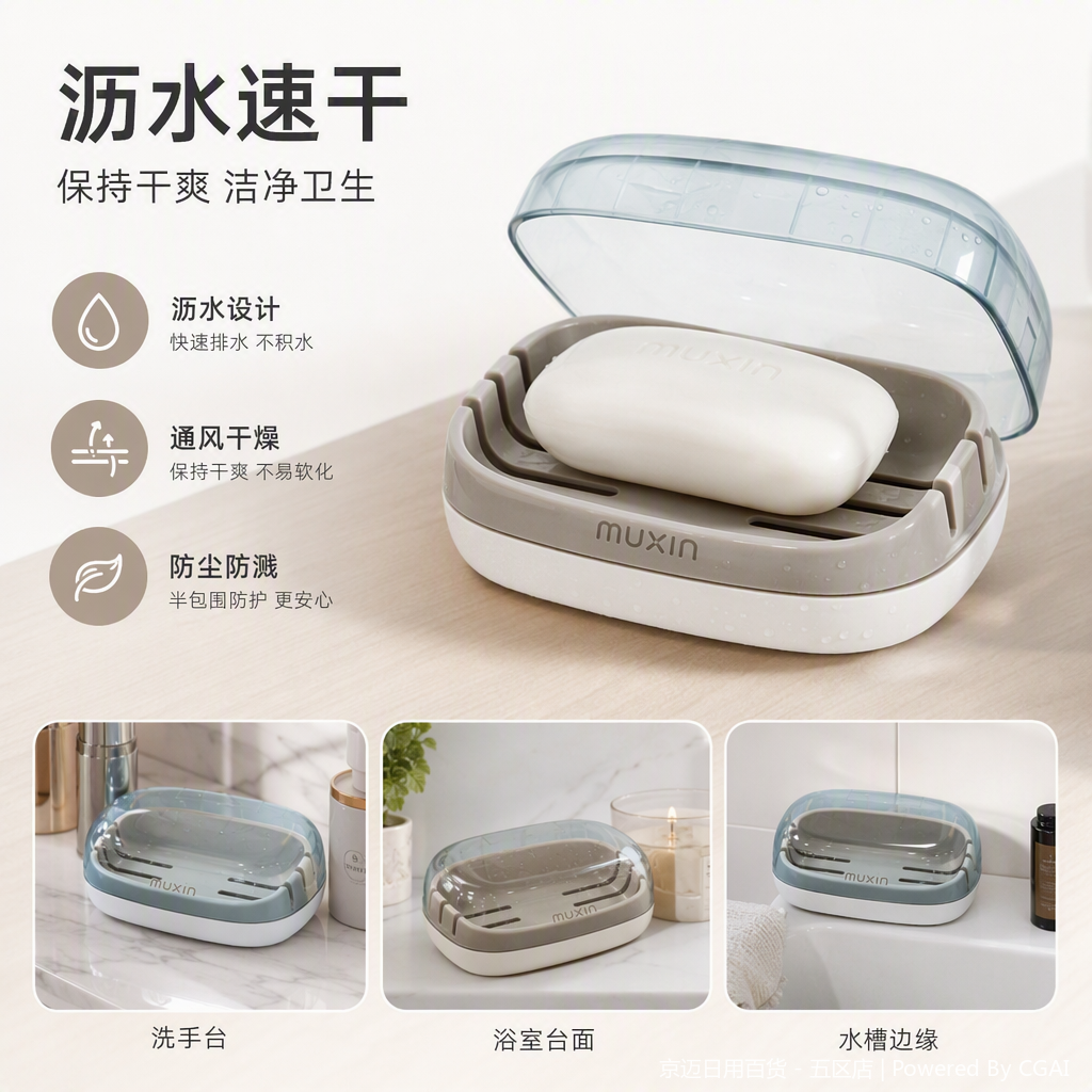 【CL】26Q2#590 Grey transparent lid Ceramic soap box storage set with bubble net soap rack grid design