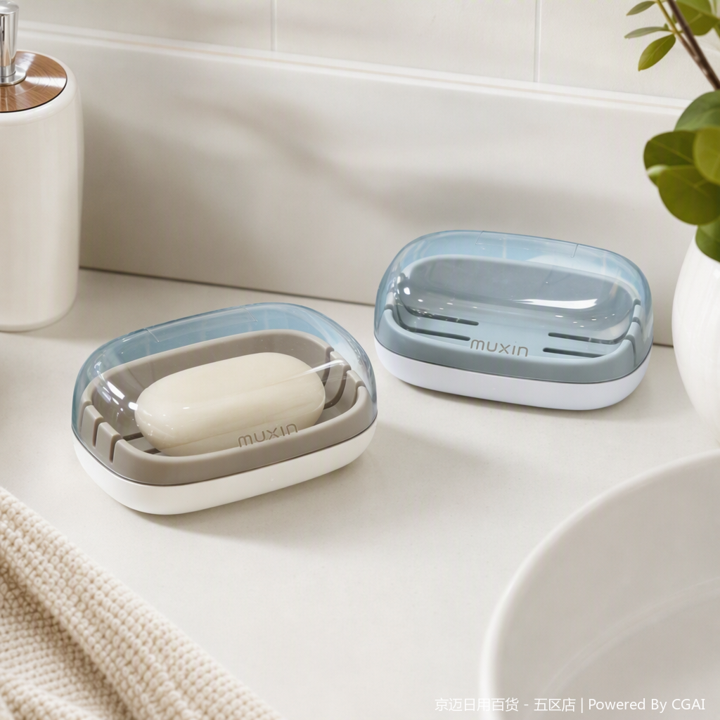 【CL】26Q2#590 Grey transparent lid Ceramic soap box storage set with bubble net soap rack grid design details Picture