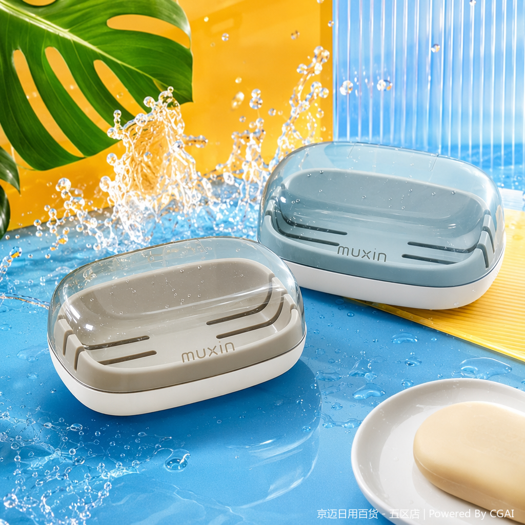【CL】26Q2#590 Grey transparent lid Ceramic soap box storage set with bubble net soap rack grid design Specification image