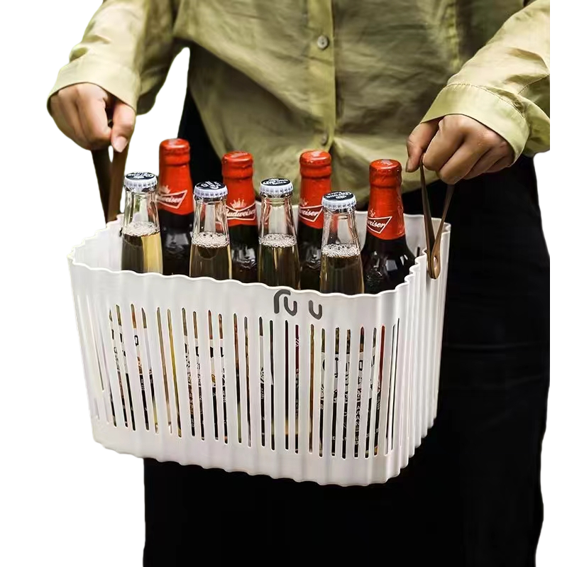 【CL】26Q2#1042 Square storage basket, white hollowed-out hand-held plastic basket, supermarket shopping basket, rattan-like woven storage basket, multi-bottle beverage storage basket Item Picture