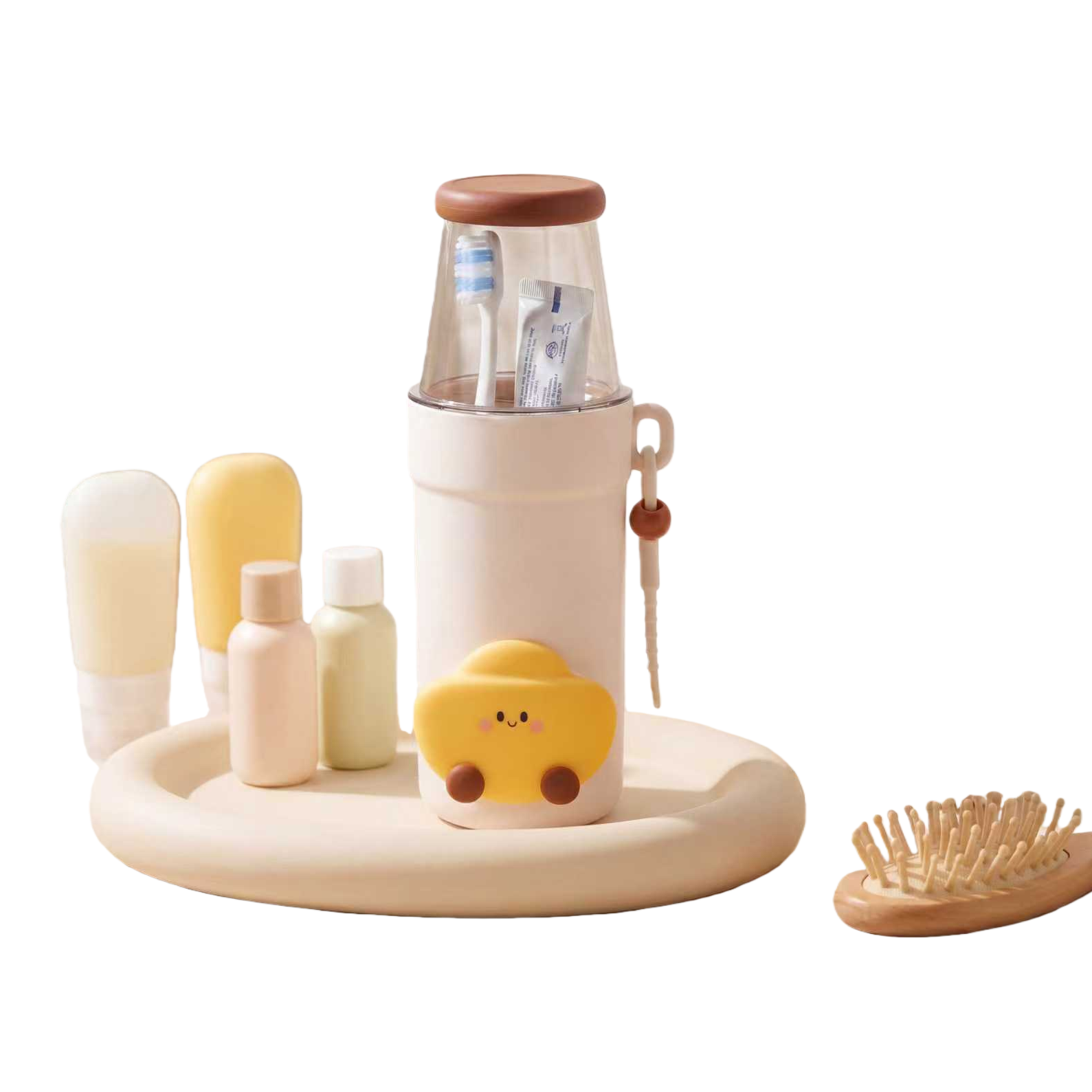【CL】26Q2#0183 meters white children's toothbrush storage cup with yellow small car-shaped decoration, multi-functional toiletries storage box, children's toothbrush holder, cute and practical Item Picture