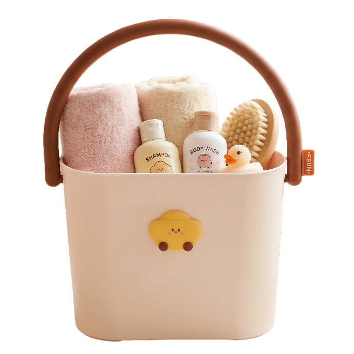 【CL】 26Q2#0185 Multi-functional portable plastic basket, 20-liter rattan-like woven bathroom storage basket, towel, shampoo, bath brush, little yellow duck organizing basket Item Picture