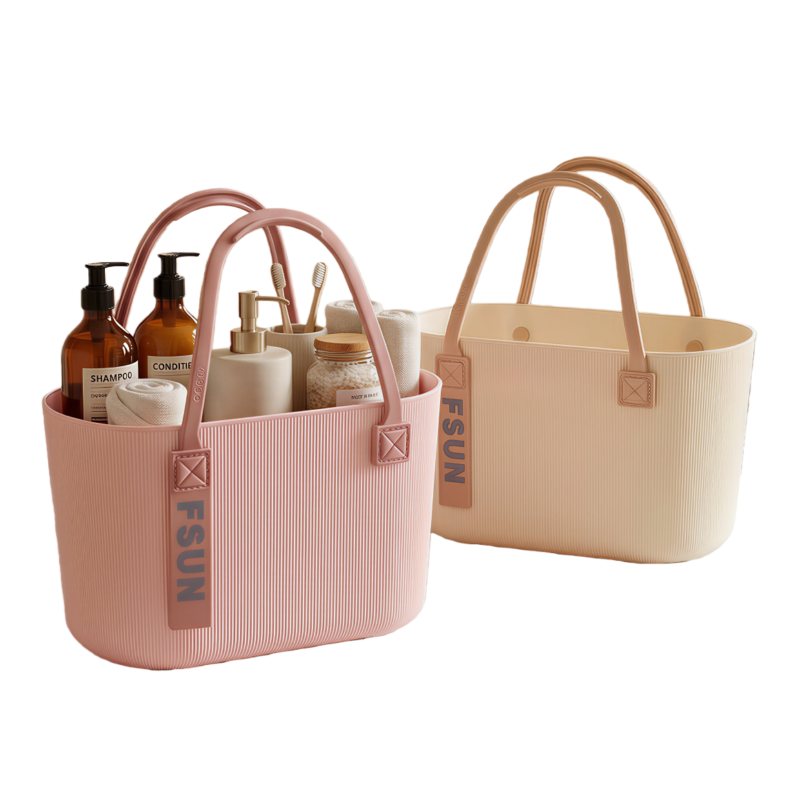 【CL】26Q2#0192 Pink striped portable storage basket, beige striped portable plastic storage basket, supermarket shopping basket, 20-liter portable vegetable basket, rattan-like woven bamboo storage basket Item Picture