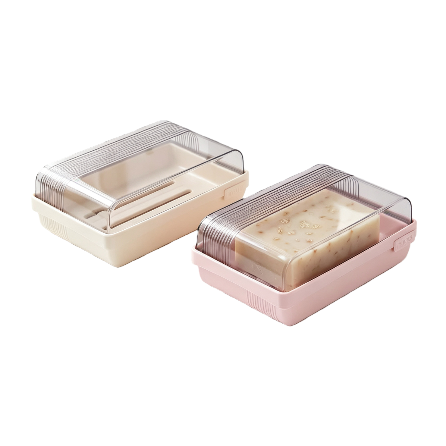【CL】26Q2#0199 Pink and off-white soap box with transparent lid, containing oat granule soap, toiletries, storage and organization supplies, home decoration Item Picture