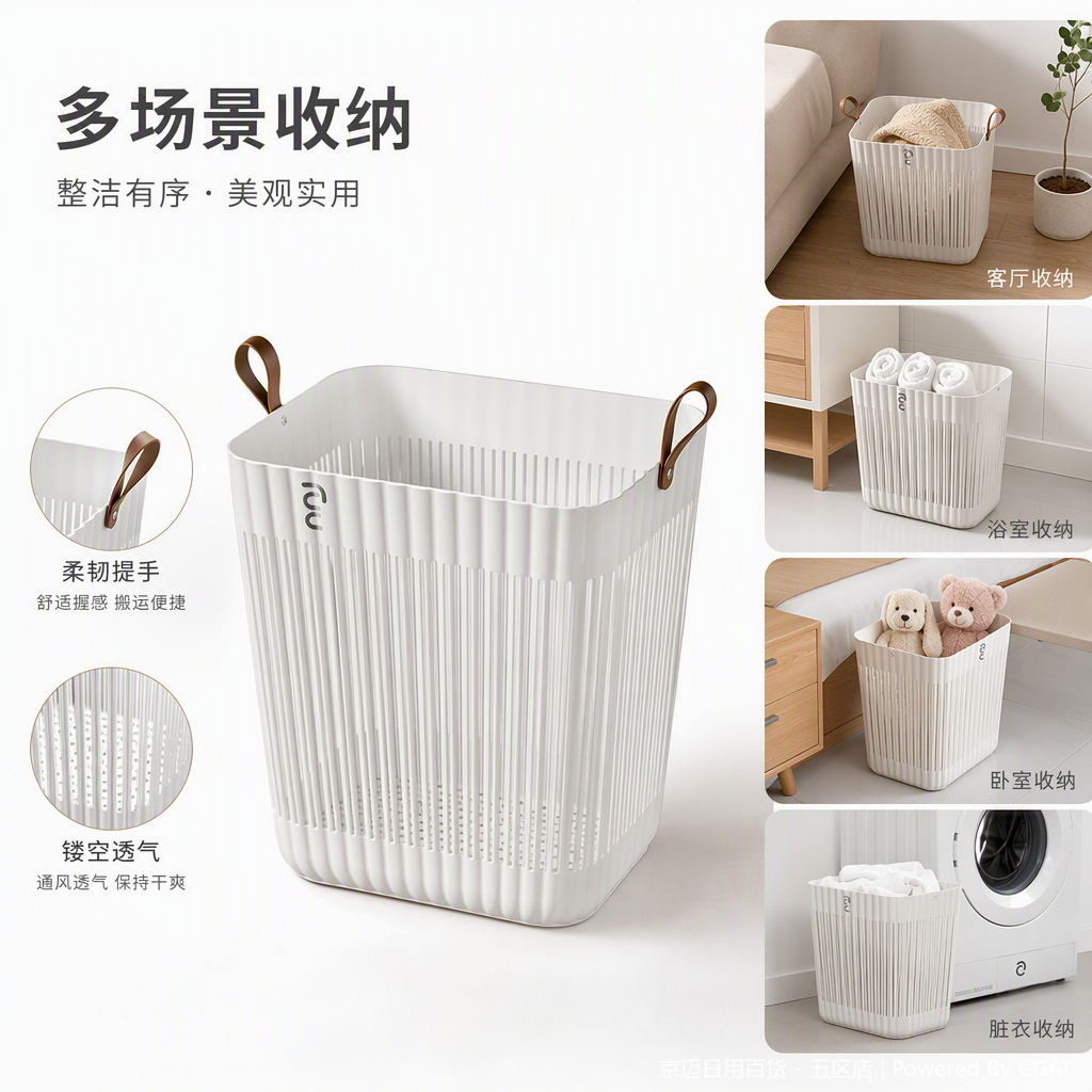 【CL】26Q2#1046 Square dirty clothes basket, multi-functional hand-held plastic basket, 20-liter imitation rattan woven vegetable basket, supermarket shopping storage basket, white striped design